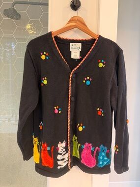Black Cat Motif Cardigan Sweater - Colorful Cats